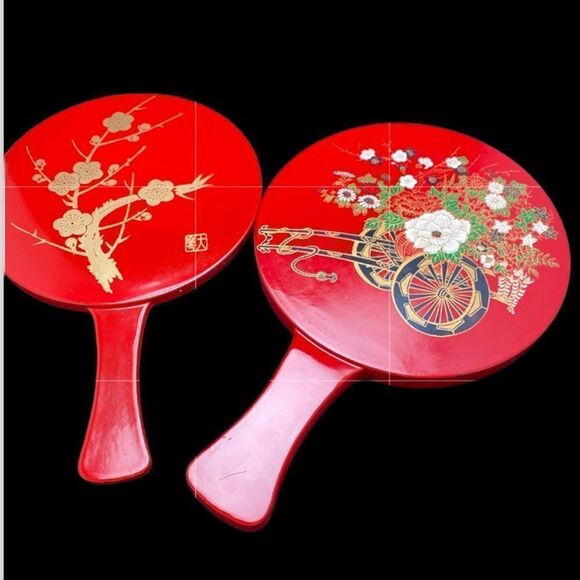 Mirror hand mirror vintage red Japan mid century cherry blossoms set makeup - Picture 1 of 11